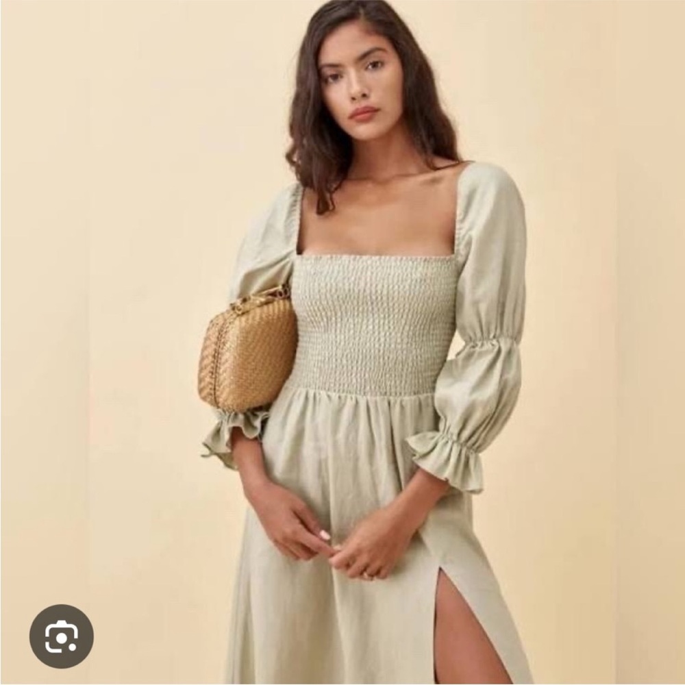 Reformation Hyland Smocked Linen Midi Dress Sage Green Size S